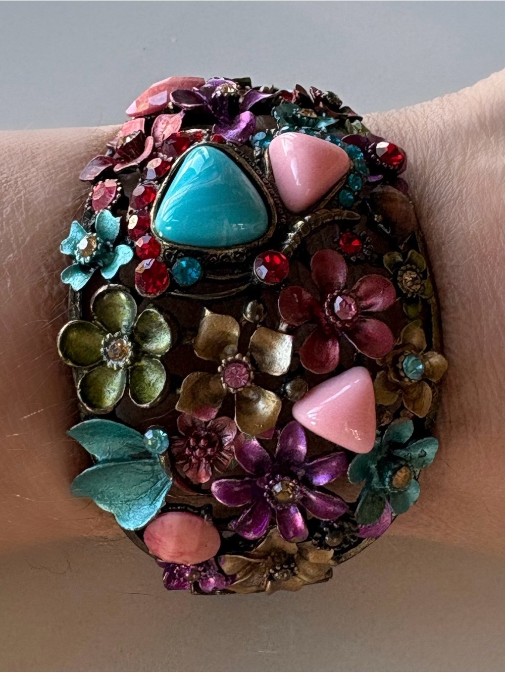 Vintage Statement Cuff Bracelet - Pink & Turquoise and other Cabachon Gems.